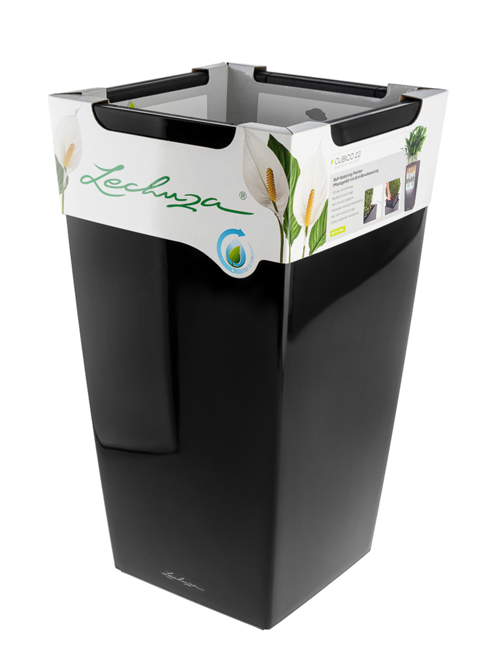 Кашпо Lechuza "Cubico Complete black high gloss" (пластик), 30x30xH56 см Черный блестящий