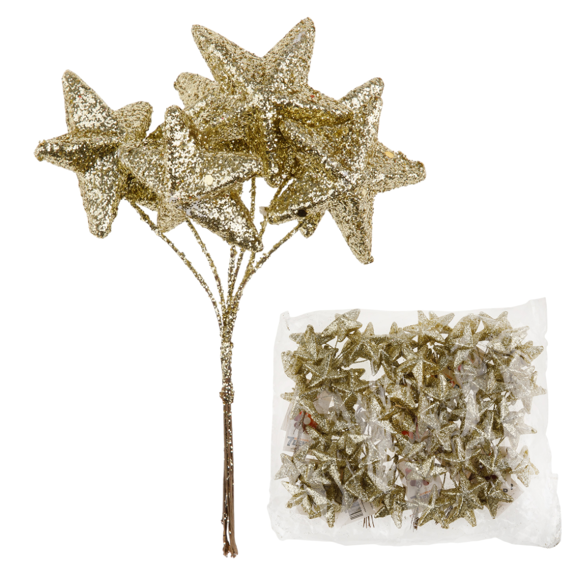 Звезда на вставке (пластик), 4,5xH12 см, набор (6 шт), с глиттером Золотой
