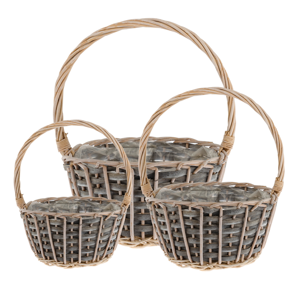 Корзина плетеная (ива), D22xH11/27 см - D15xH7/20 см, набор (3 шт) Серый
