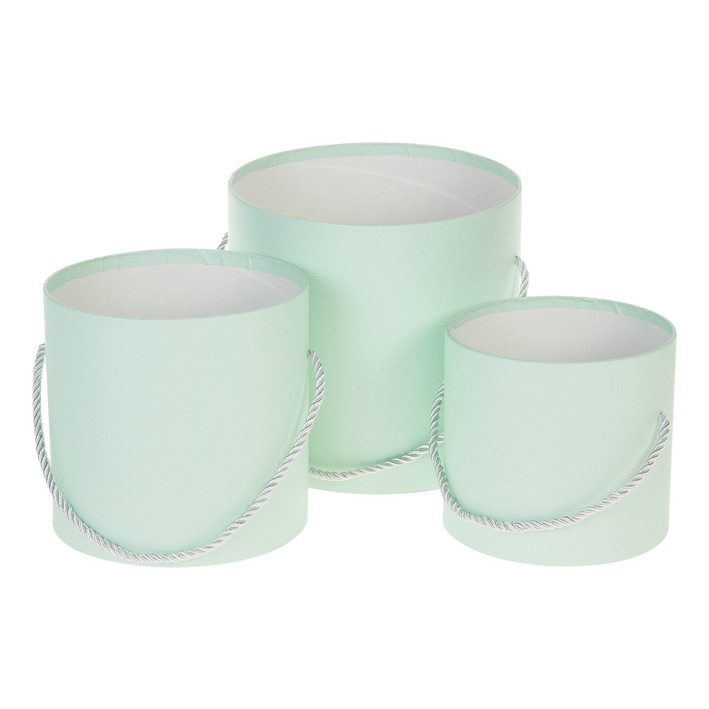 Коробка шляпная, D18xH17 см - D12,5xH12 см, набор (3 шт), без крышки, с ручкой Мятный