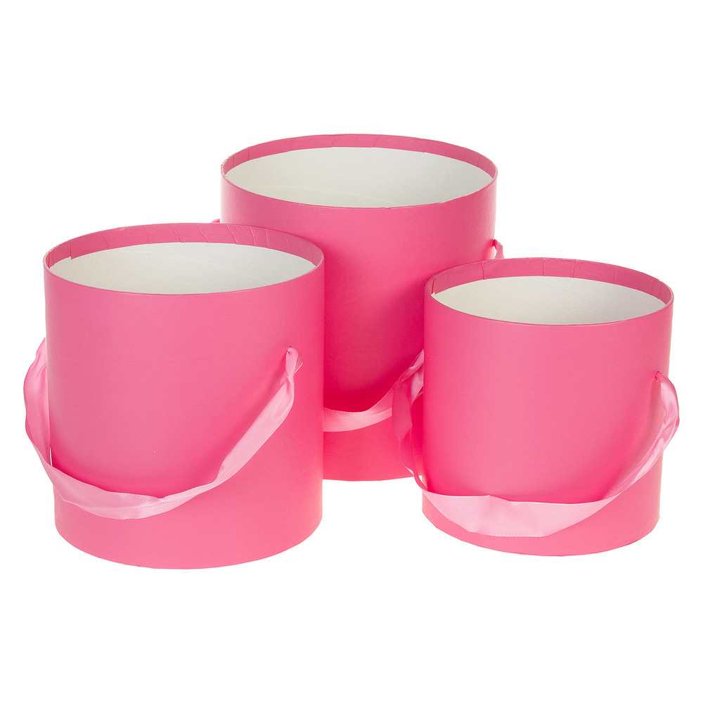 Коробка шляпная, D19,5xH19 см - D15,5xH15 см, набор (3 шт), без крышки, с ручкой Фуксия