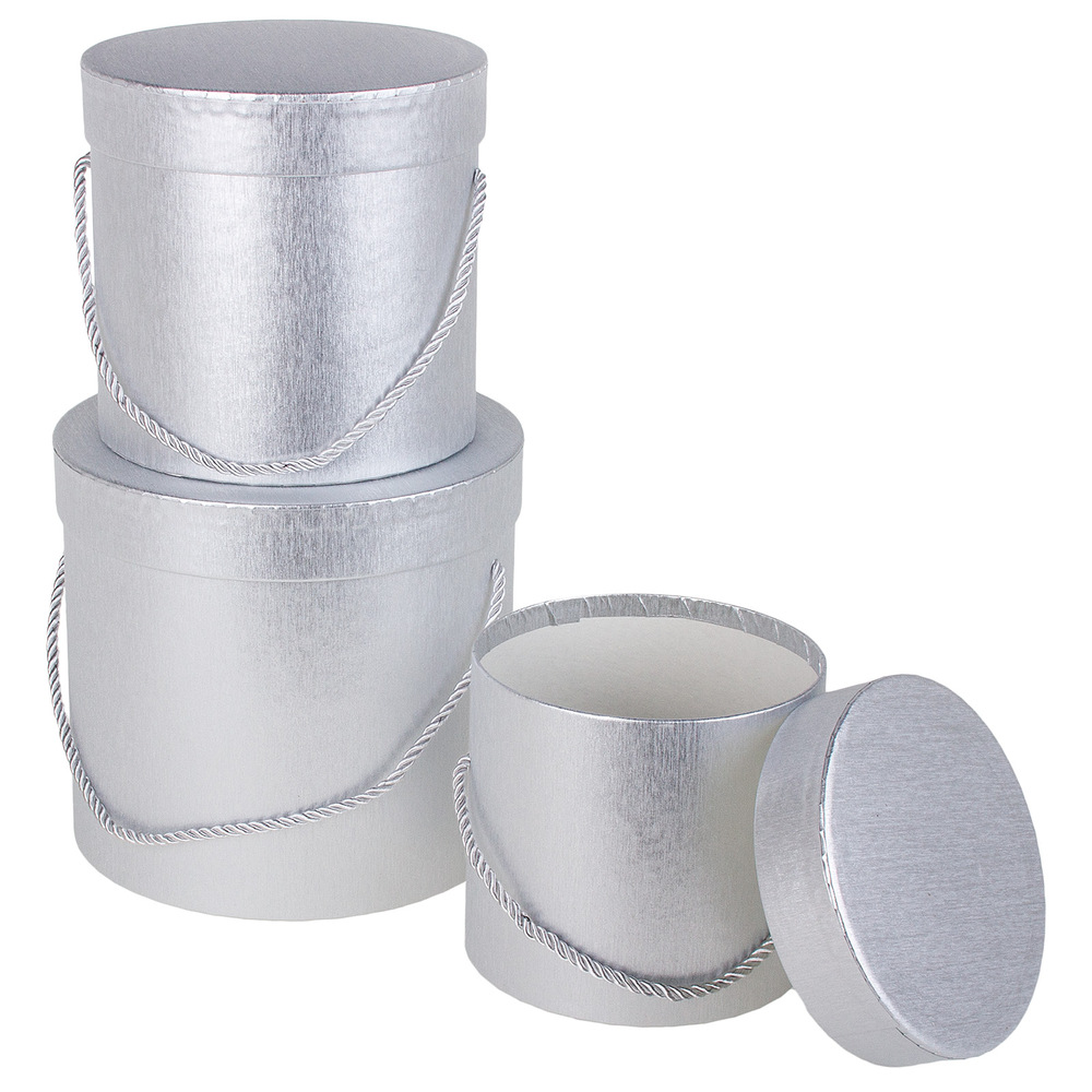 Коробка шляпная, D18xH17 см - D13xH12 см, набор (3 шт), с ручкой Серебряный