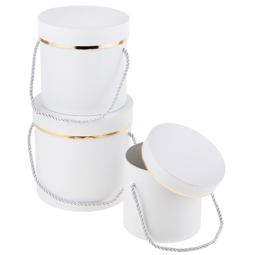 Коробка шляпная "Style", D15xH15 см - D12xH11 см, набор (3 шт), с ручкой Белый