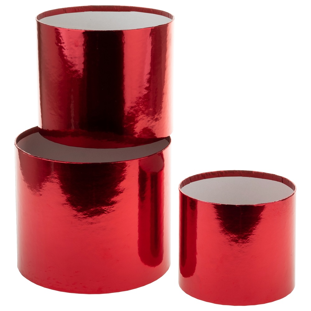 Коробка шляпная "Металлик", D20xH17 см - D15xH13 см, набор (3 шт), без крышки Красный