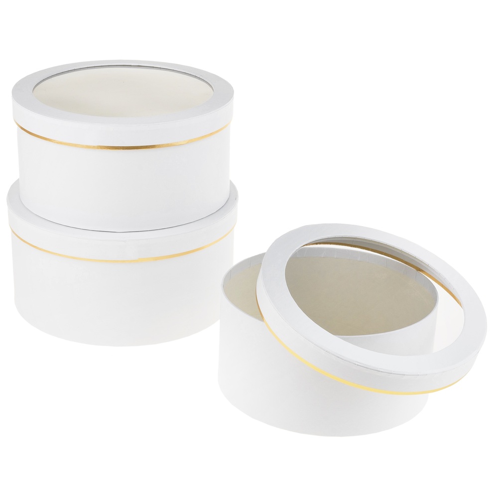 Коробка шляпная, D24xH12 см - D20xH10 см, набор (3 шт), с окном Белый