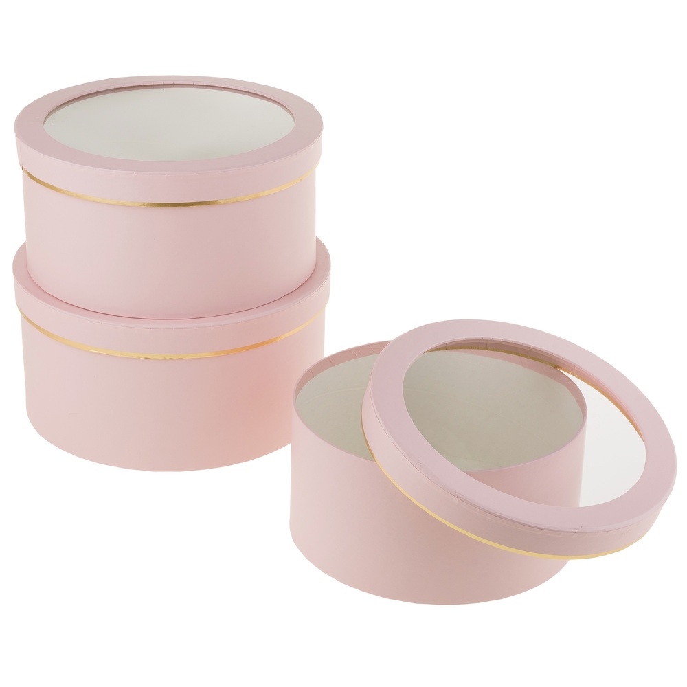 Коробка шляпная, D24xH12 см - D20xH10 см, набор (3 шт), с окном Розовый