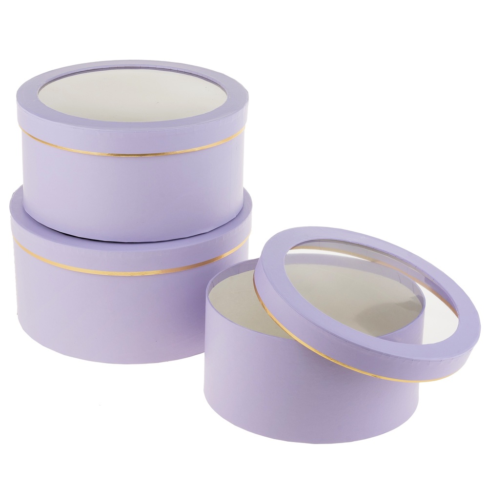 Коробка шляпная, D24xH12 см - D20xH10 см, набор (3 шт), с окном Сиреневый