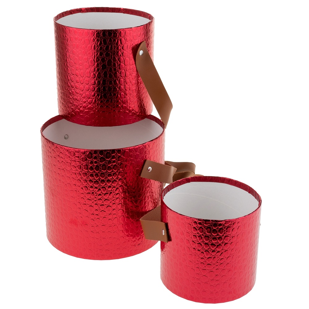 Коробка шляпная, D18xH17 см - D13xH12 см, набор (3 шт), без крышки, с ручкой Красный