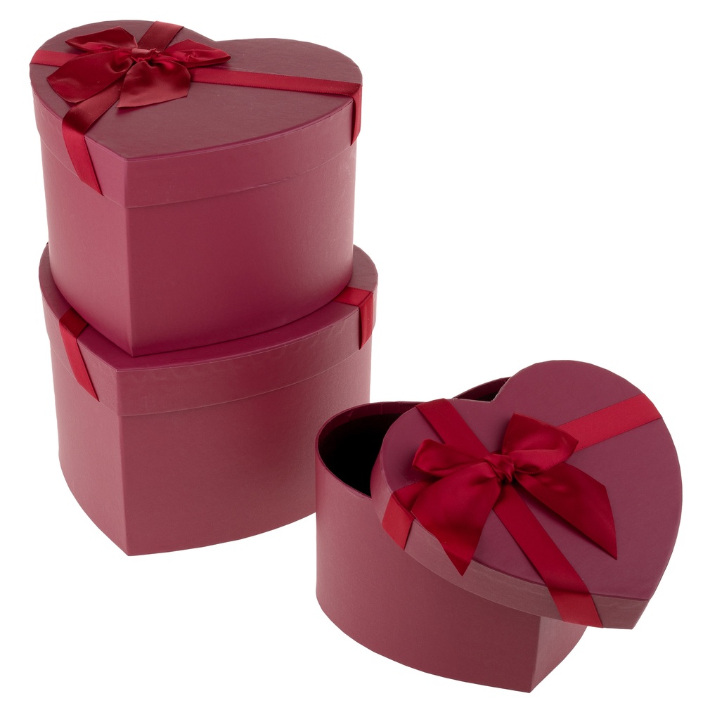 Коробка подарочная "Сердце с бантом", 22x20xH14 см - 18x16xH11 см, набор (3 шт) Бордовый