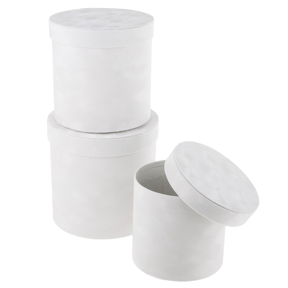 Коробка шляпная (бархат), D19,5xH19 см - D15,5xH15 см, набор (3 шт) Белый