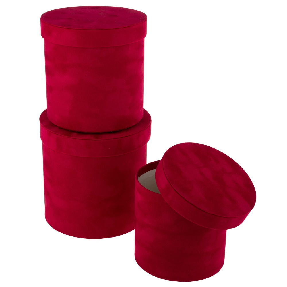 Коробка шляпная (бархат), D19,5xH19 см - D15,5xH15 см, набор (3 шт) Красный
