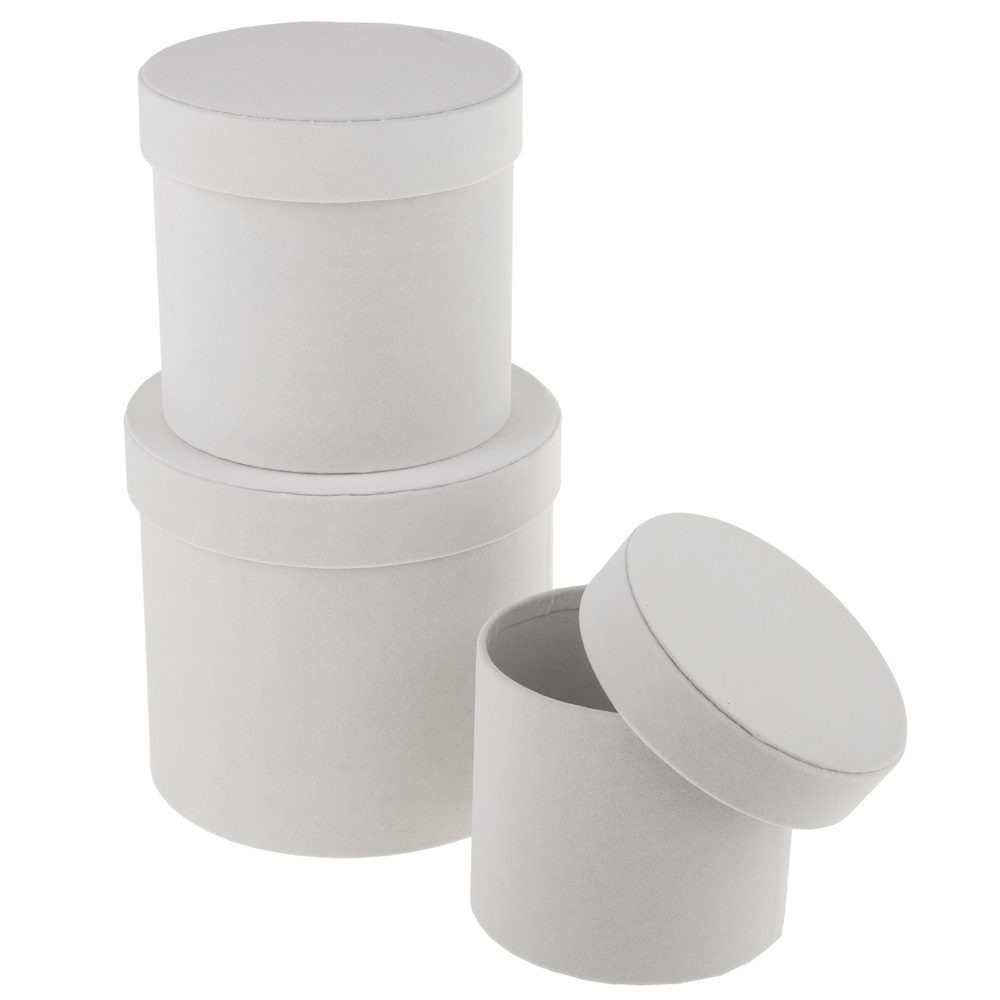 Коробка шляпная (бархат), D18xH17 см, D15xH14,5 см, D13xH12 см, набор (3 шт) Белый