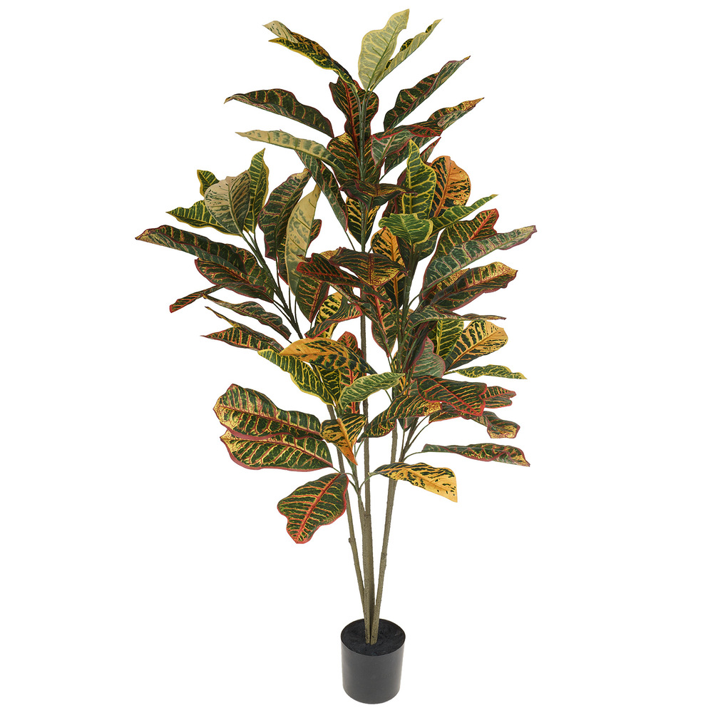 Дерево искусственное в кашпо "Кротон", Н120 см, 3 ветки, 68 листьев Зеленый