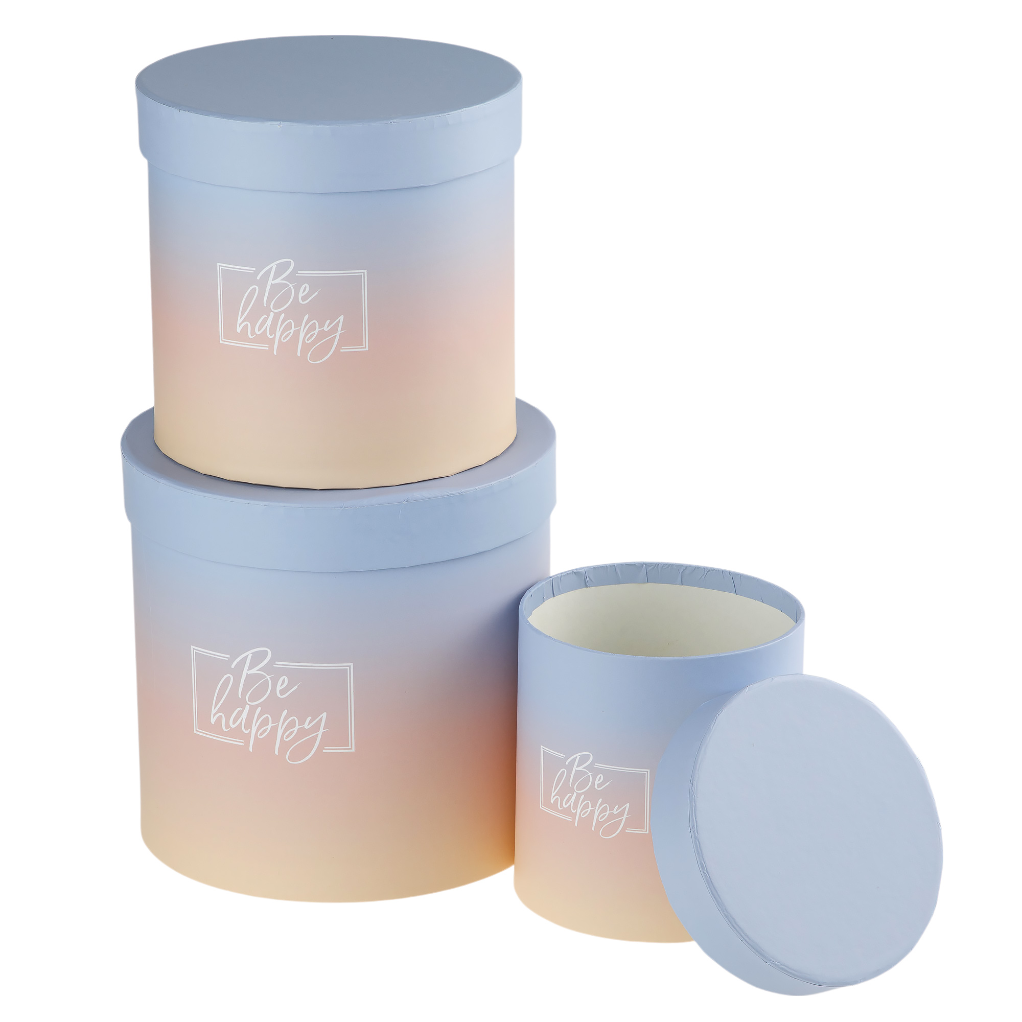 Коробка шляпная "Be happy", D18xH17 см - D12xH12 см, набор (3 шт) Персиковый-сиреневый