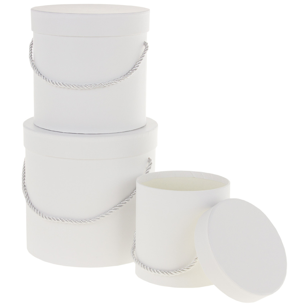 Коробка шляпная, D18xH17 см - D13xH12 см, набор (3 шт), с ручкой Белый