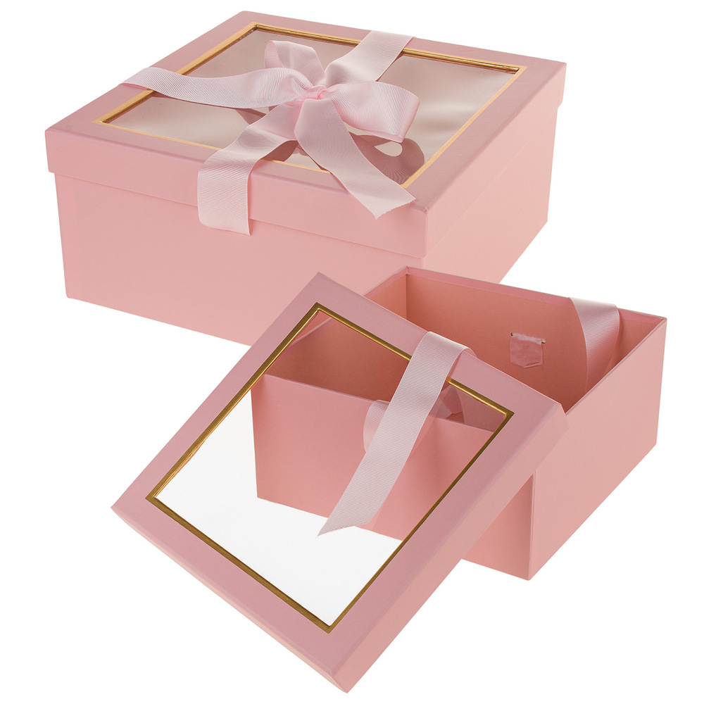 Коробка подарочная, 25,5x25,5xH12 см, 23,5x23,5xH11 см, набор (2 шт), с бантом и окном Розовый