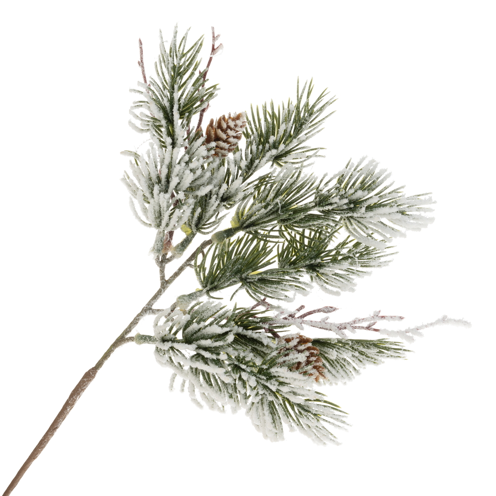 Ветка искусственная еловая заснеженная с шишками (пластик), 14xH36 см Зеленый