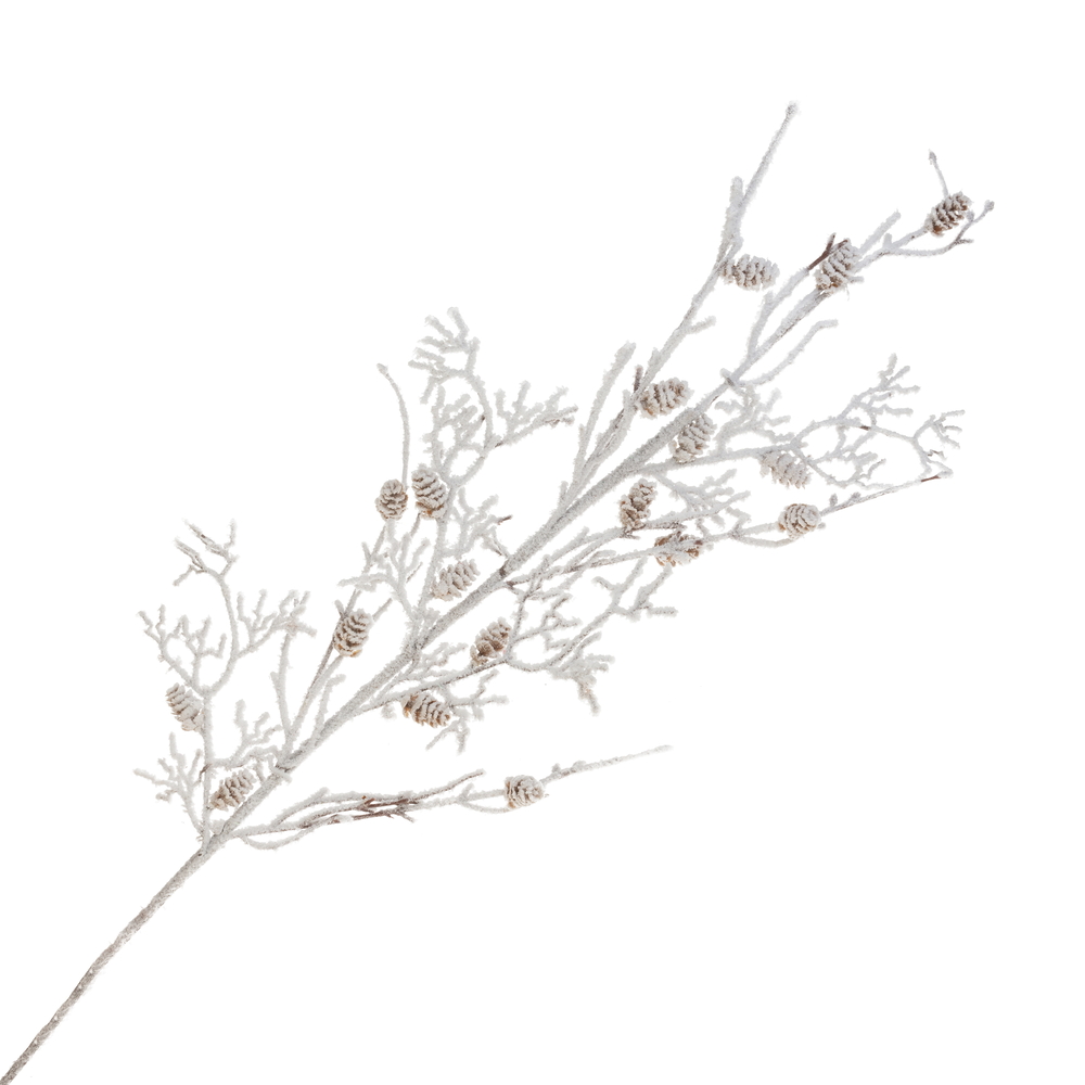 Ветка искусственная заснеженная с шишками (пластик), 25xH96 см Белый