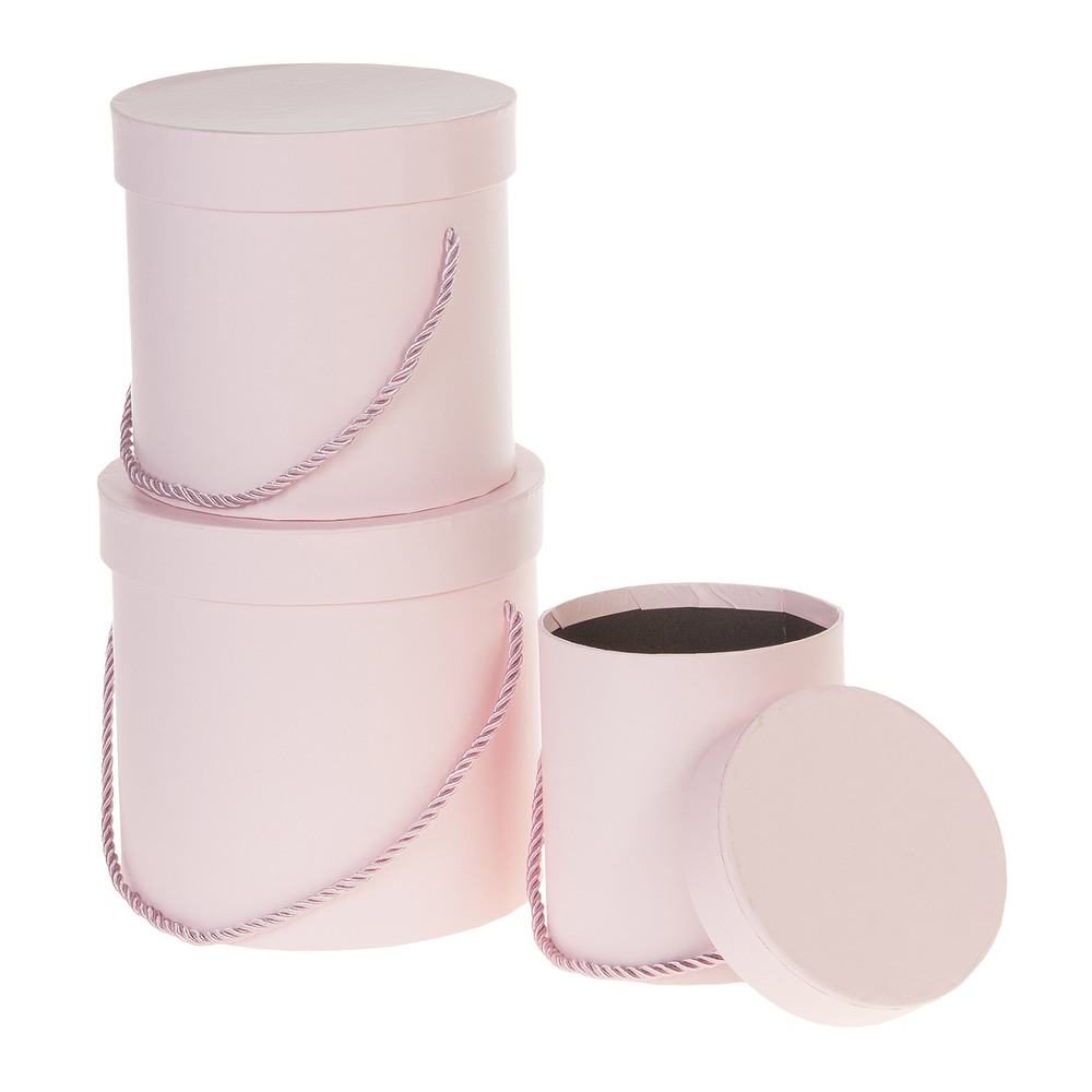 Коробка шляпная, D18xH17 см - D12,5xH12 см, набор (3 шт), с ручкой Розовый