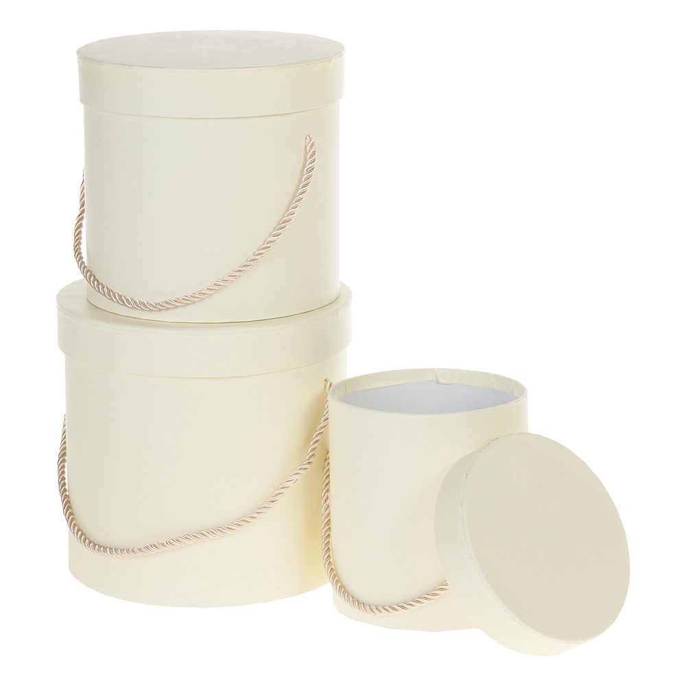 Коробка шляпная, D18xH17 см - D12,5xH12 см, набор (3 шт), с ручкой Кремовый
