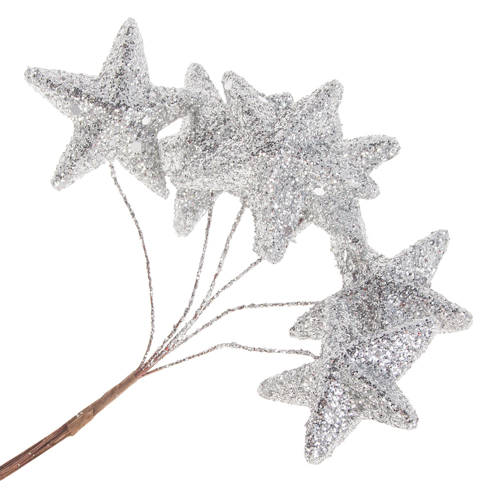 Звезда на вставке (пластик), 4,5xH12 см, набор (6 шт), с глиттером Серебряный