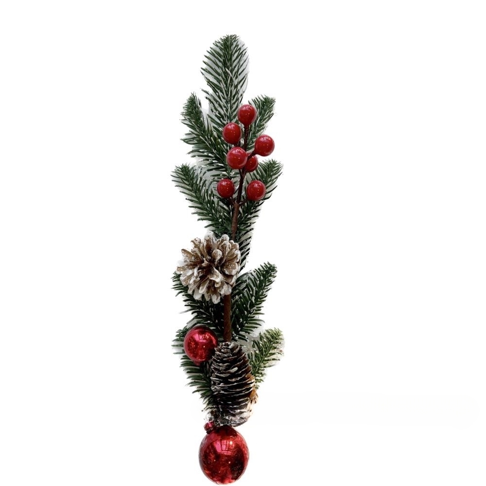 Ветка еловая заснеженная искусственная с ягодами (пластик), H36 см Зеленый