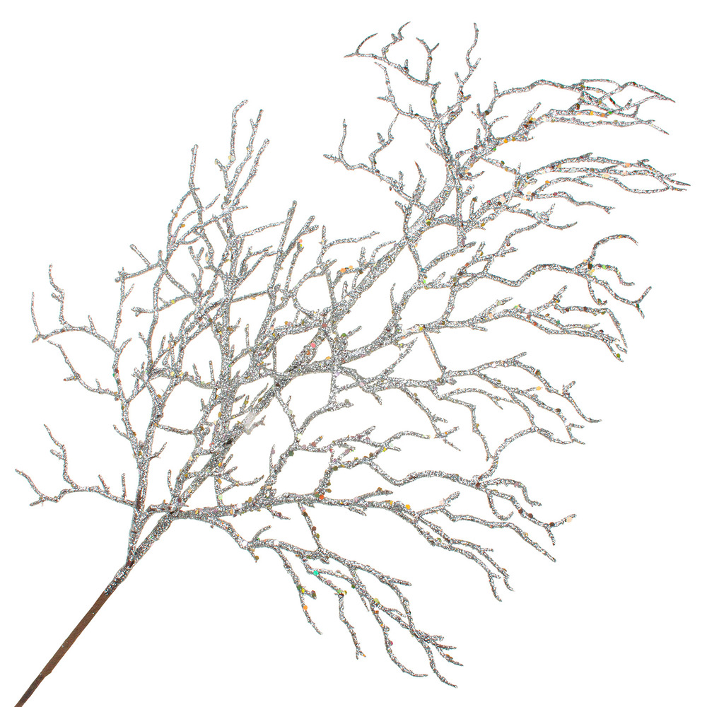 Ветка искусственная (пластик), H70 см, с глиттером Серебряный