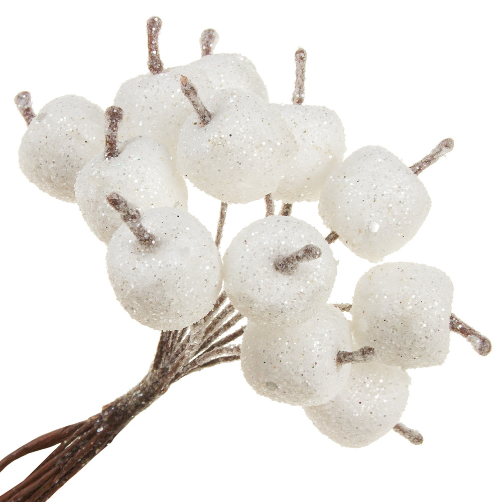 Яблоко искусственное на вставке (пластик), D2xH10,5 см, набор (12 шт), с глиттером Белый