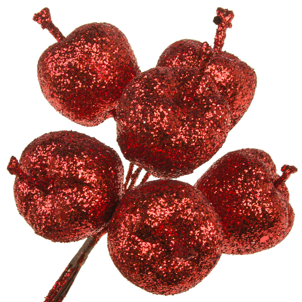 Яблоко искусственное на вставке (пластик), D3xH12 см, набор (6 шт), с глиттером Красный