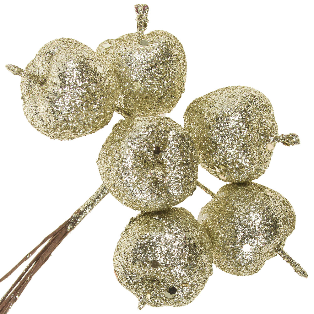 Яблоко искусственное на вставке (пластик), D3xH12 см, набор (6 шт), с глиттером Шампань