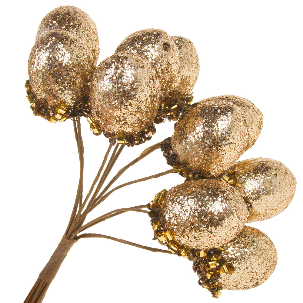 Желудь искусственный на вставке (пластик), D2xH12 см, набор (10 шт), с глиттером Золотой