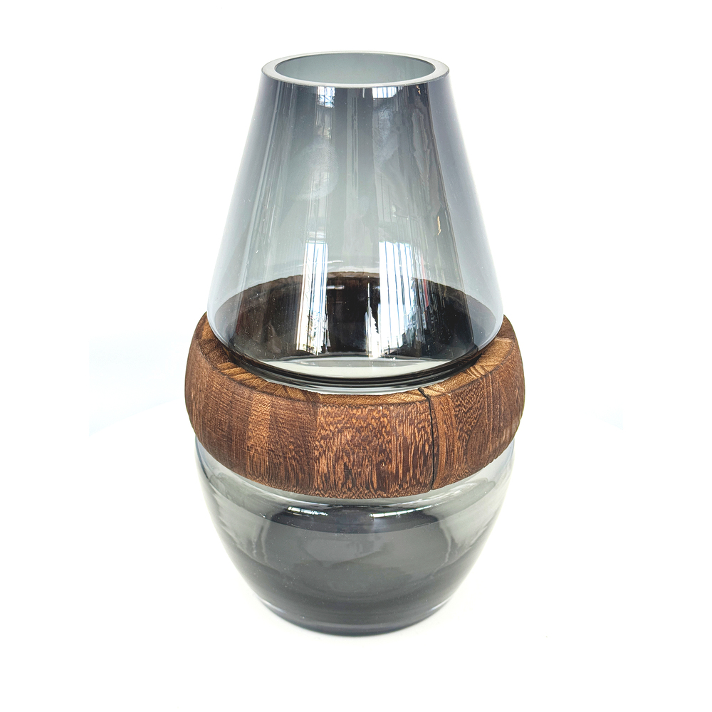 Ваза "Wood ring" (дерево, стекло), D15xH24 см Серый