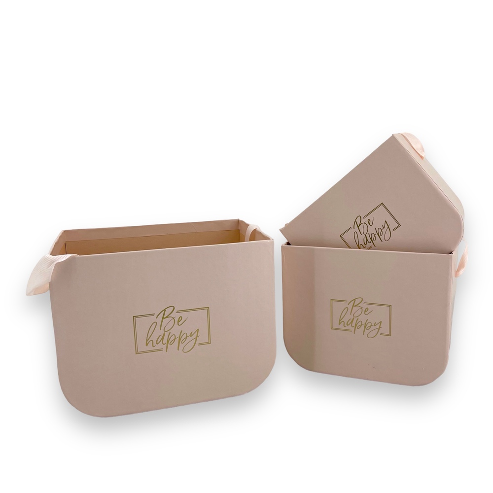 Коробка-кашпо "Be happy", 16,5x12xH12,5 см - 12,5x9xH10 см, набор (3 шт), с ручкой Пудровый