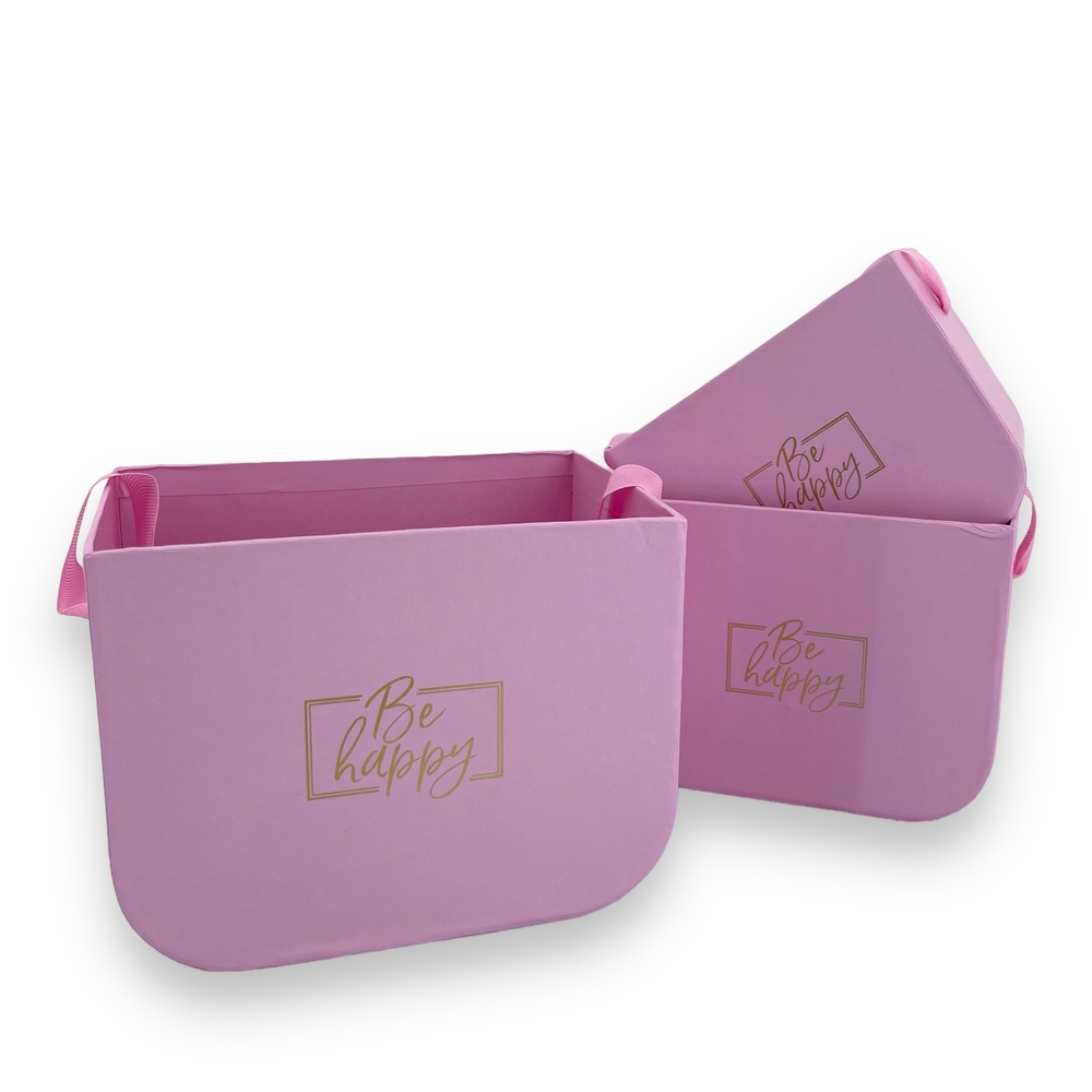 Коробка-кашпо "Be happy", 16,5x12xH12,5 см - 12,5x9xH10 см, набор (3 шт), с ручкой Розовый