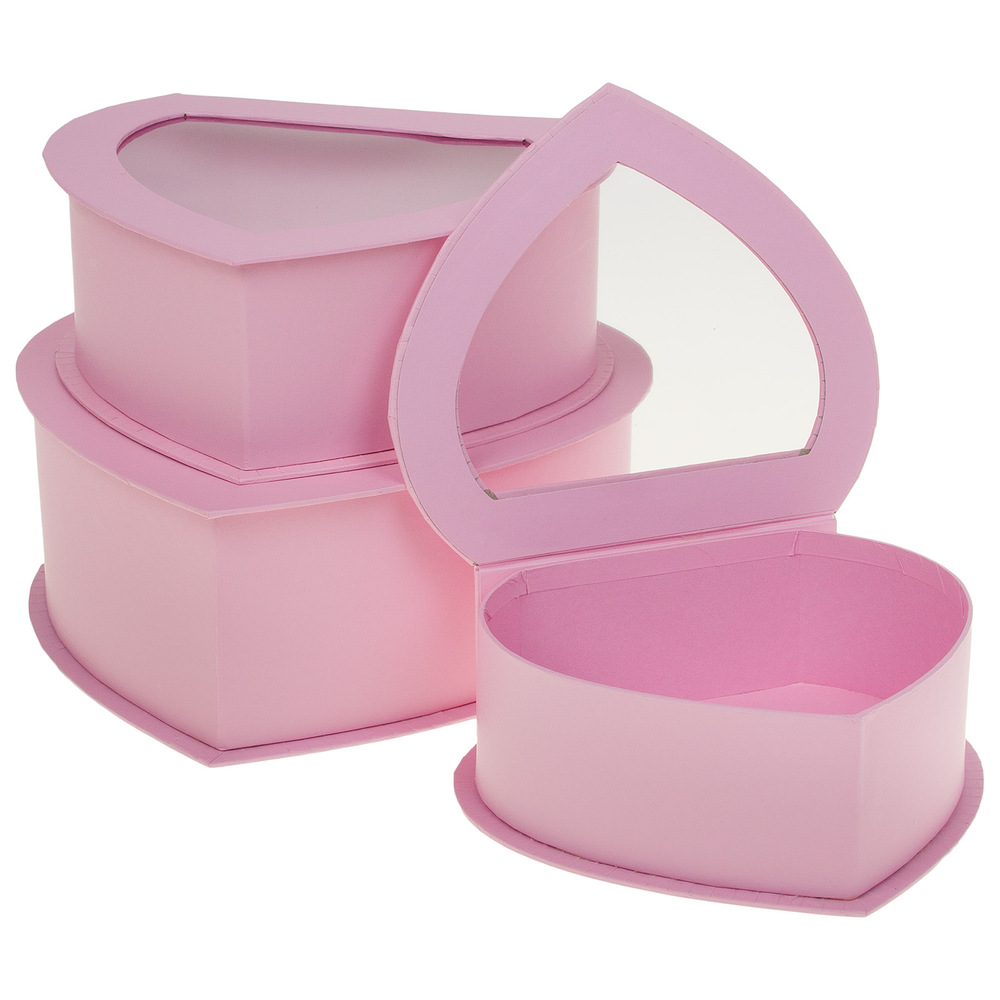 Коробка подарочная "Сердце", 25x24xH10 см - 19,5x17xH7 см, набор (3 шт), с окном Розовый