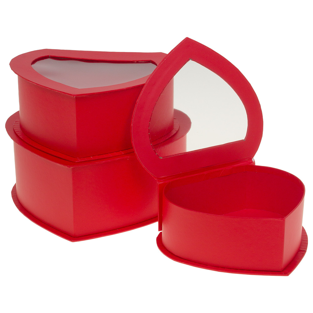 Коробка подарочная "Сердце", 25x24xH10 см - 19,5x17xH7 см, набор (3 шт), с окном Красный