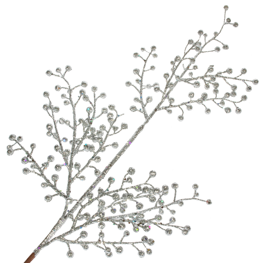 Ветка искусственная ягодная (пластик), H70 см, с глиттером Серебряный