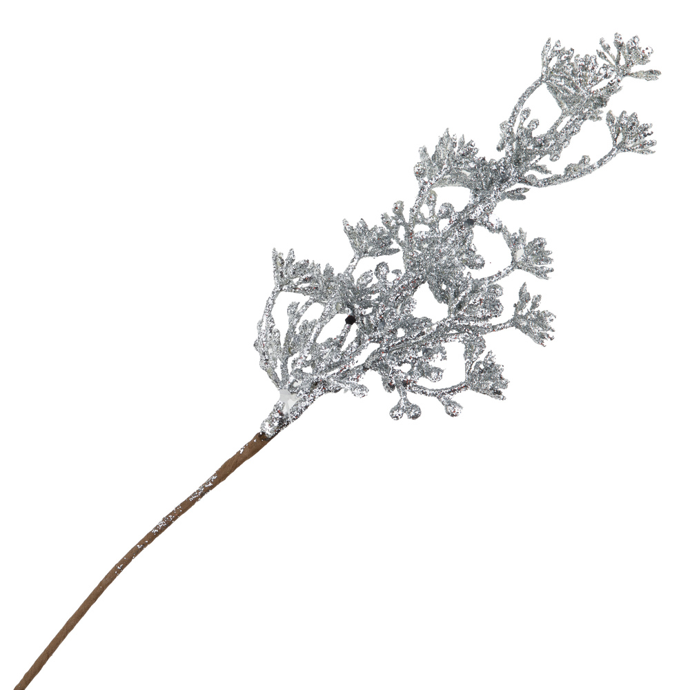 Ветка искусственная (пластик), H28 см, с глиттером Серебряный