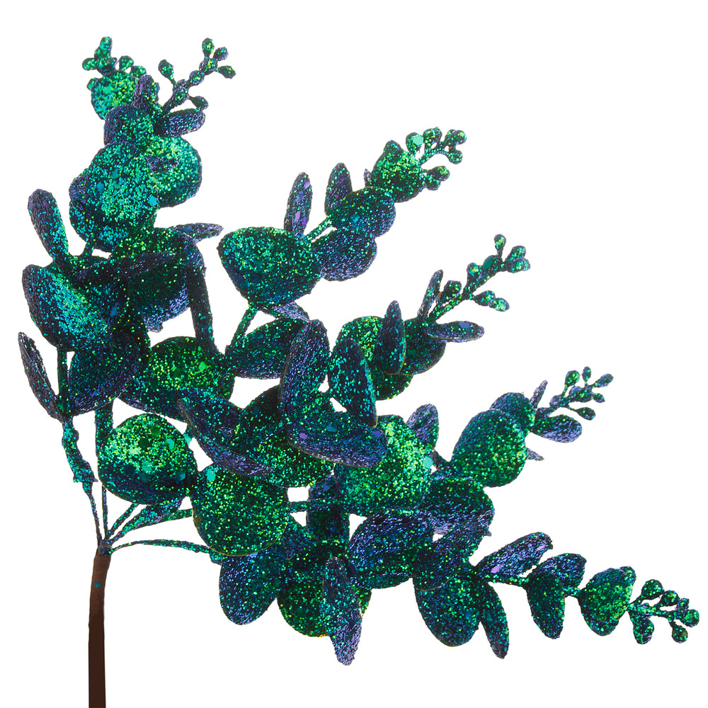 Ветка искусственная на вставке "Эвкалипт" (пластик), H20 см, с глиттером Зеленый