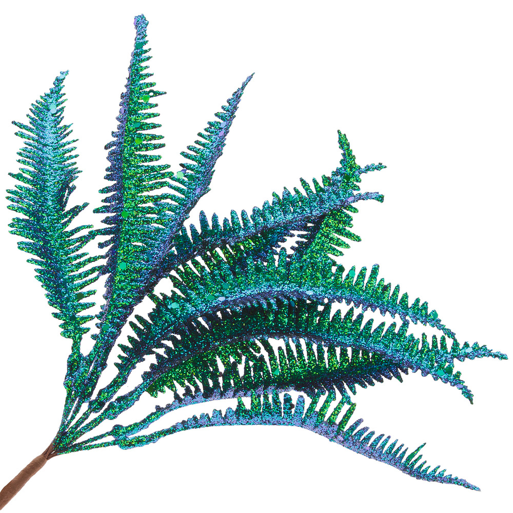 Ветка искусственная на вставке "Папоротник" (пластик), H22 см, с глиттером Зеленый