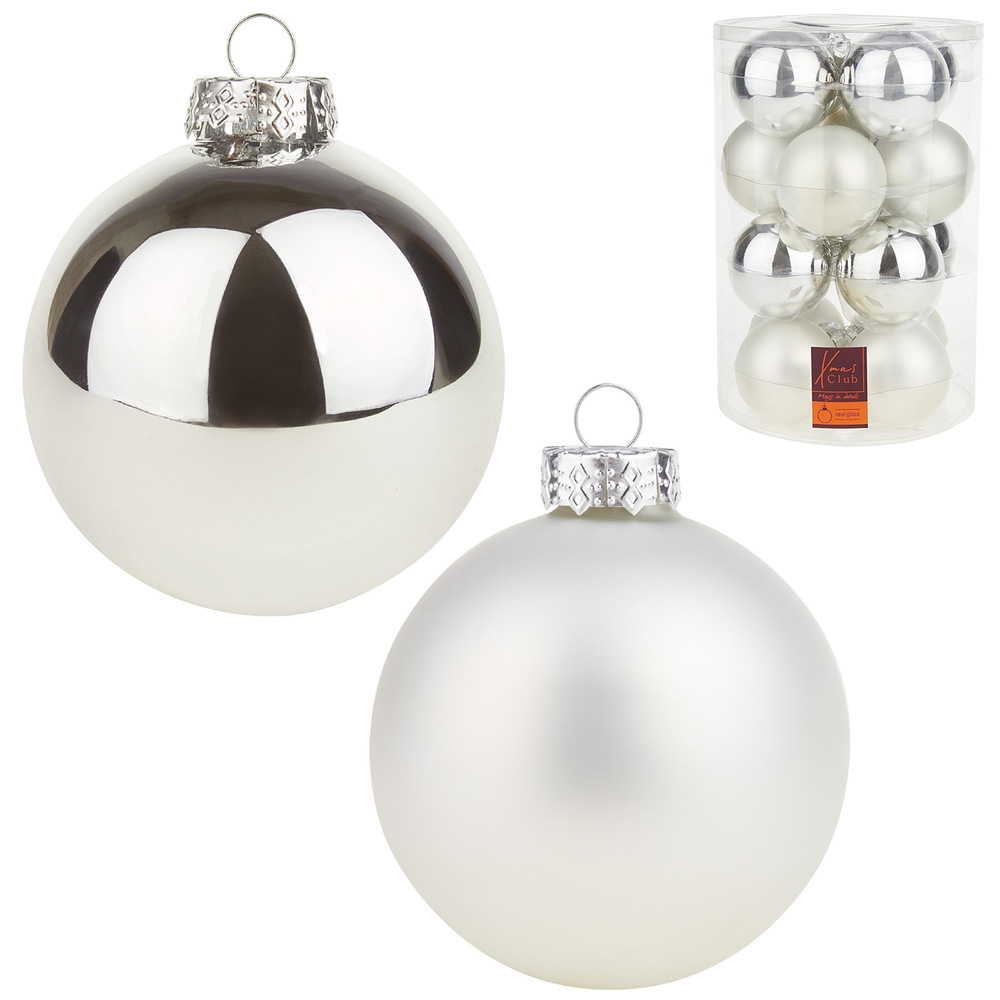 Елочная игрушка "Шар" (стекло), D8 см, набор (16 шт) Серебряный