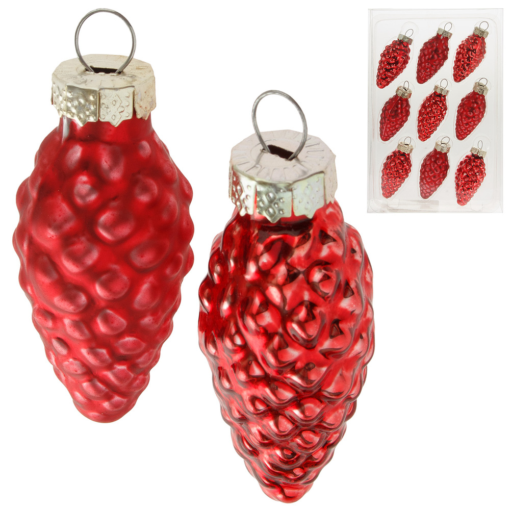 Елочная игрушка "Шишка" (стекло), 4,5 см, набор (9 шт) Красный