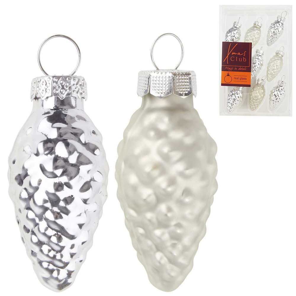 Елочная игрушка "Шишка" (стекло), 4,5 см, набор (9 шт) Серебряный