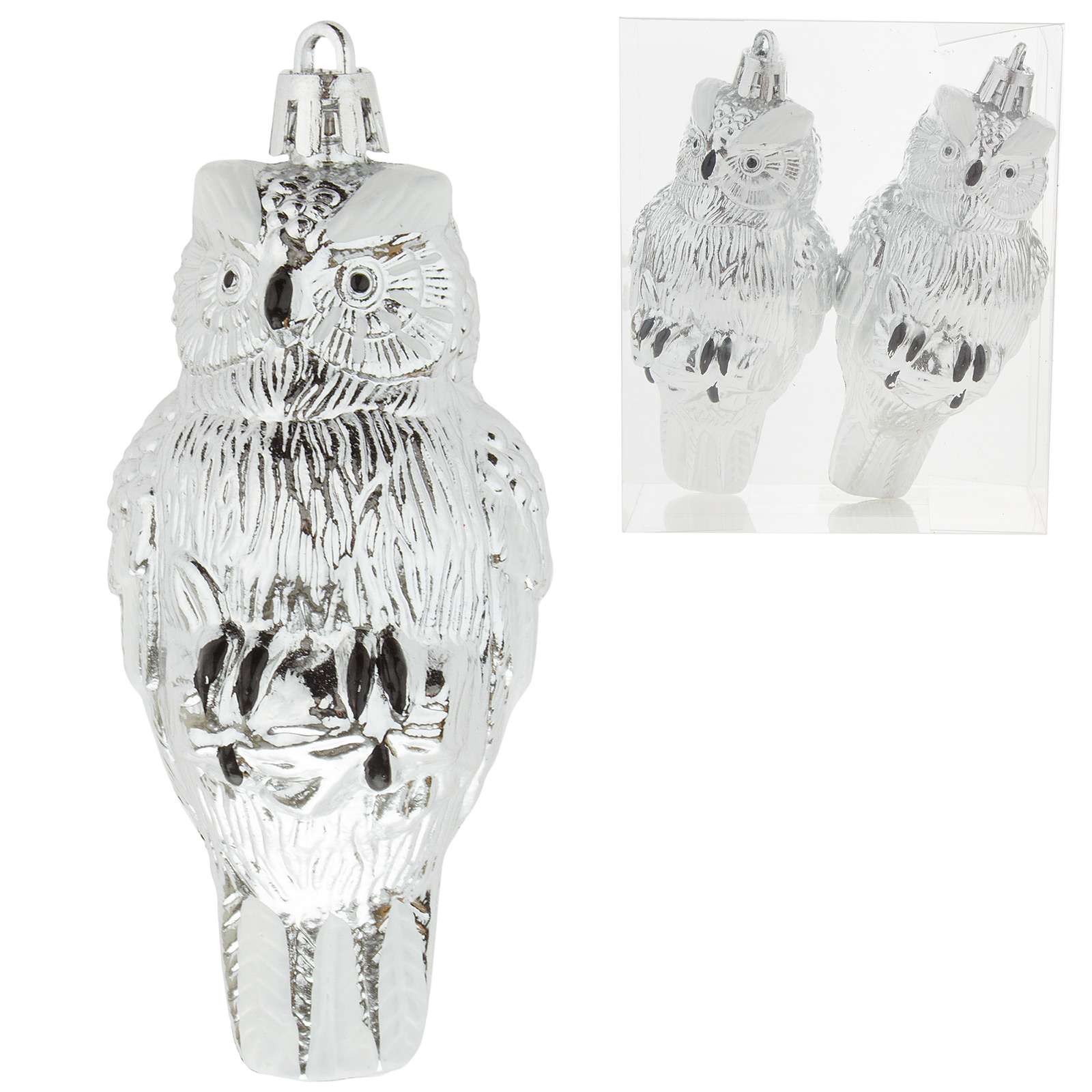 Елочная игрушка "Сова" (пластик), H10 см, набор (2 шт) Серебряный