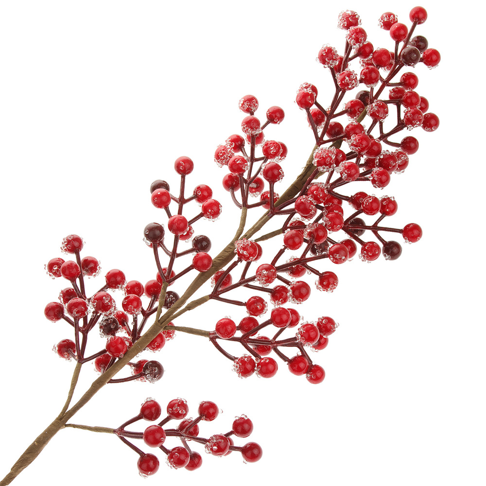 Ветка ягодная заиндевевшая искусственная (пластик), Н76 см Красный