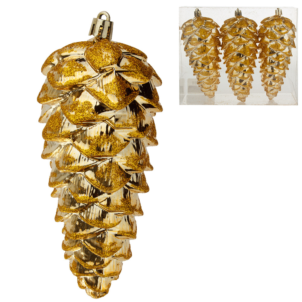 Елочная игрушка "Шишка" (пластик), 14 см, набор (3 шт) Золотой