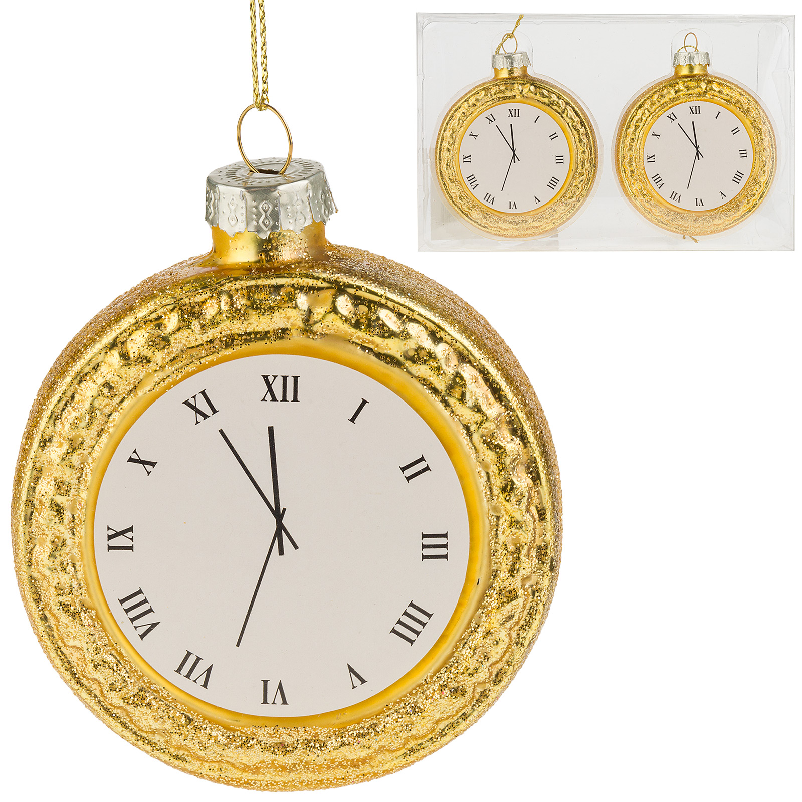 Елочная игрушка "Часы" D7 см, набор (2 шт) Золотой