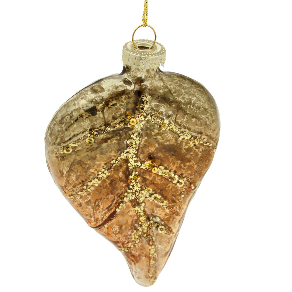 Елочная игрушка "Лист" (стекло), 7хН11,5 см Золотой