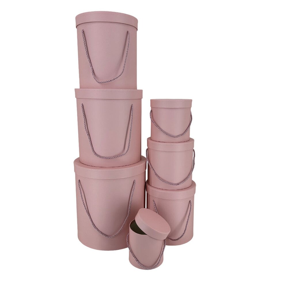 Коробка шляпная, D28xH30 см - D12xH12 см, набор (7 шт), с ручкой Светло-розовый