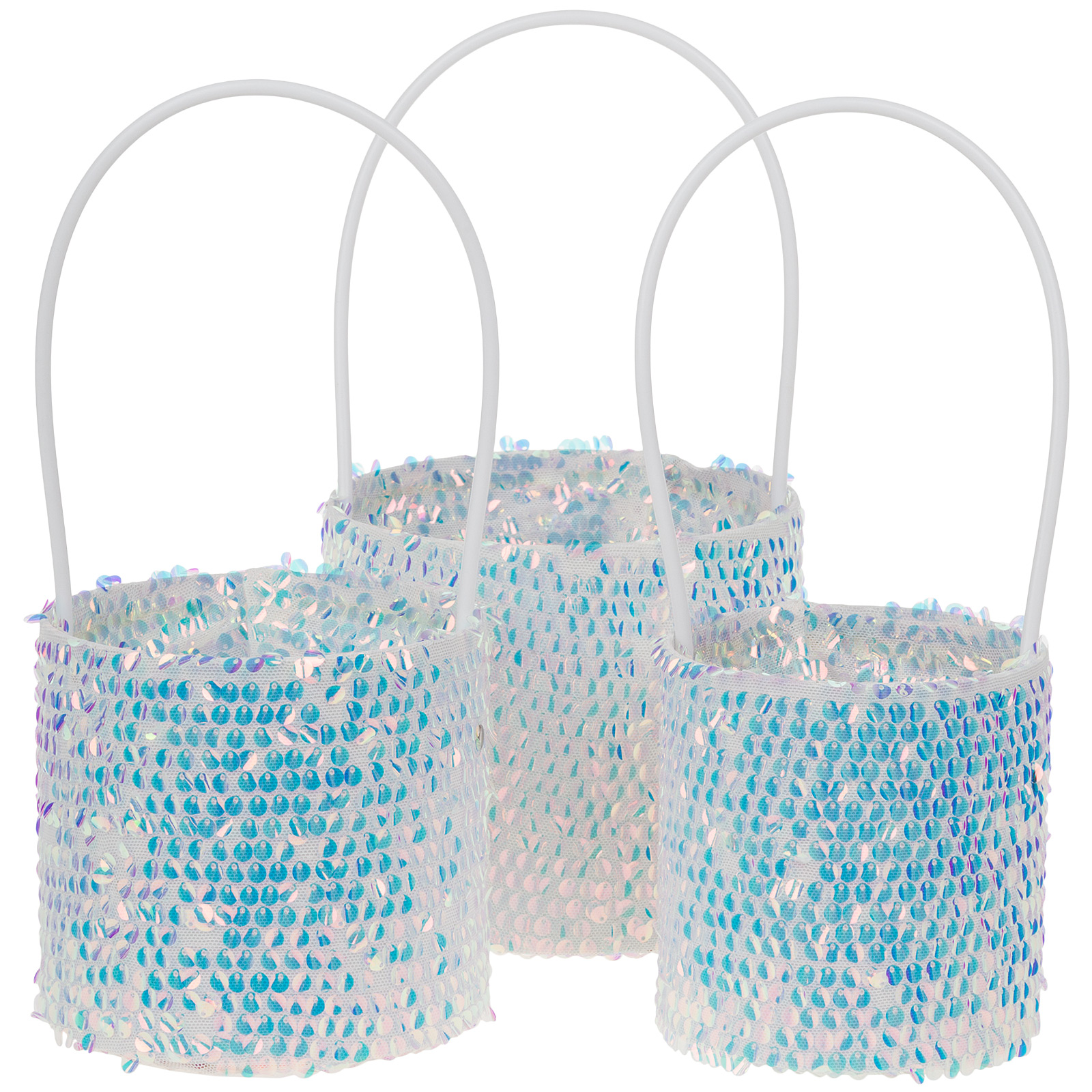 Коробка-кашпо "Классик", D16xH14 см -  D12xH12 см, набор (3 шт), с ручкой Голубой-серебрянный